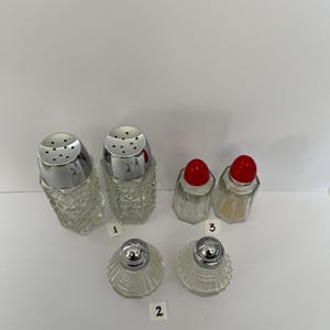 Vintage Anchor Hocking Crystal shakers with stainless and plastic tops - various styles to choose 1940s-1950s - (see pics).