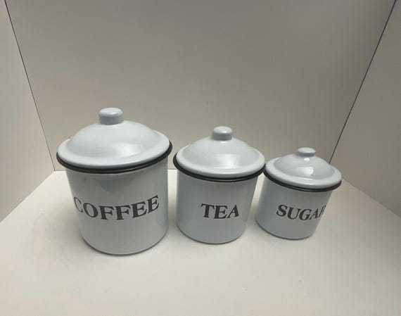 Vintage Enamelware Canister Set, White With Black Trim and Lids