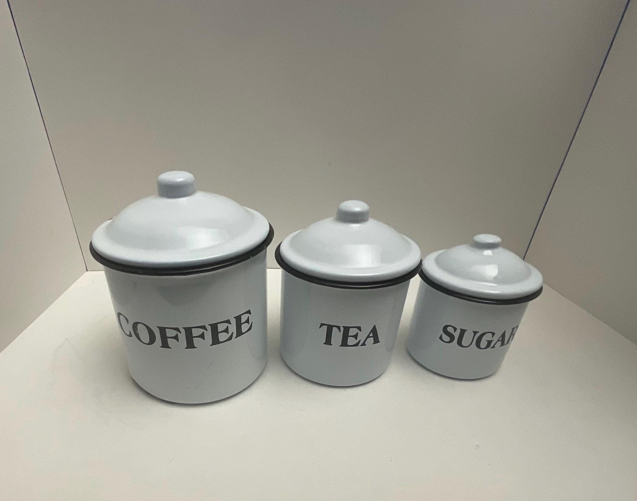 Vintage Enamelware Canister Set, White With Black Trim and Lids