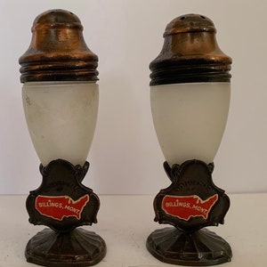 Vintage SOUVENIR of Billings,Montana salt and pepper shakers (before 1960) Soda glass style frosted glass shakers with brass lids & base.