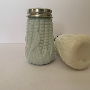 Antique salt and pepper shakers -1890 EAPG Libbey corn maize cob glass shakers - Blue/White milk glass with ORIGINAL silver lids.