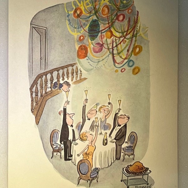 Vintage Christmas Card - People Celebrating  - Sempe/Gordon Fraser Gallery, No date, maybe ~ 40s to 50s