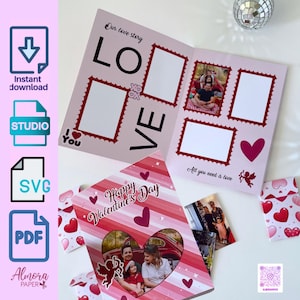 Puede incluir: Un álbum de recortes rosa del Día de San Valentín con las palabras "Our love story" y "Happy Valentine's Day". El álbum de recortes tiene marcos de fotos, corazones y una imagen de una pareja. Incluye formatos de archivo SVG y PDF.