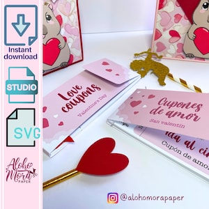 Cupons/ingressos de amor para o Dia dos Namorados em inglês e espanhol. Modelo Svg e Studio para ingressos e cupons Cricut e Cameo/Dia dos Namorados