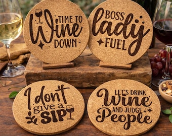 Funny Wine Sayings – Round 4" Laser Engraved Cork Coasters – 8 Hilarious Designs