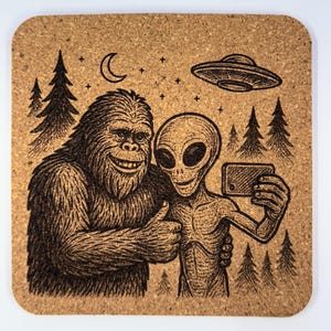 Bigfoot and Alien Cork Coasters: Funny Sasquatch UFO Designs, 4-Pack image 2