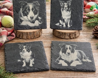 Border Collie Laser Engraved Slate Coaster Set of 4