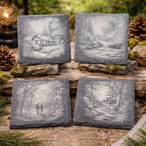 Woodland Forest Path Set of 4 Laser Engraved Nature Themed Slate Coasters
