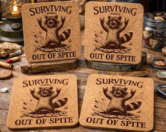 Funny Raccoon Spite Set of 4 Laser Engraved Cork Coasters