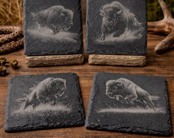 Majestic Bison Slate Coaster Set – Engraved Buffalo Wildlife Art (4 Pack)