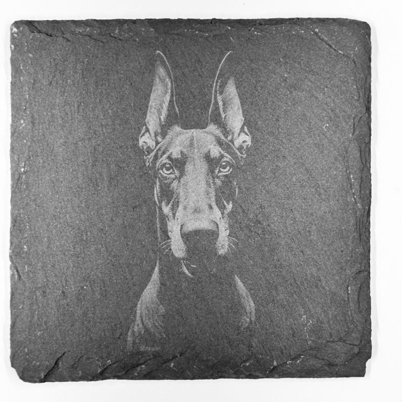 May include: Square slate coaster featuring an engraved portrait of a Doberman Pinscher dog. The dog's head and upper body are centered on the coaster, showcasing its alert expression and distinctive features. The coaster is dark gray with a textured surface.