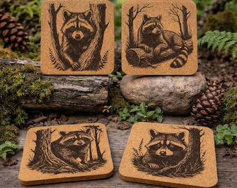 Raccoon Cork Coasters – Rustic Woodland Animal Drink Coaster Set of 4