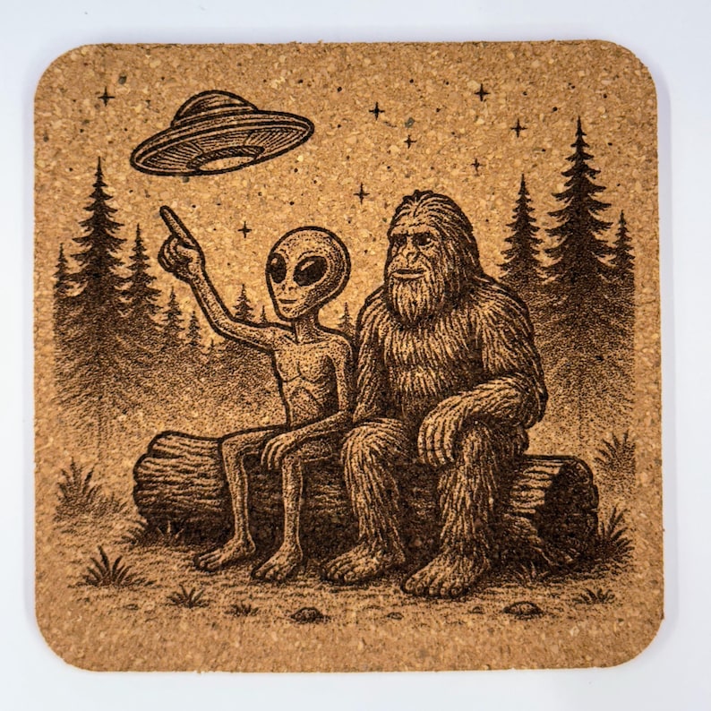 Bigfoot and Alien Cork Coasters: Funny Sasquatch UFO Designs, 4-Pack image 4