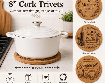 Custom or Pre-Designed 8" Cork Trivet – Laser Engraved Round Hot Pad – Personalized Kitchen Gift