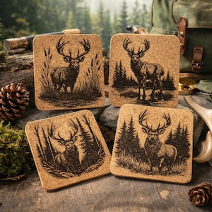 Deer Wildlife Set of 4 Laser Engraved Cork Coasters – Nature and Hunting Lodge Décor