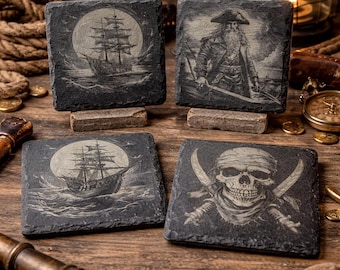 Engraved Pirate Ship & Skull Drink Coasters, Nautical Barware, Slate Coaster Set - Pick any 4