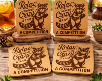 Raccoon Humor Set of 4 Laser Engraved Cork Coasters
