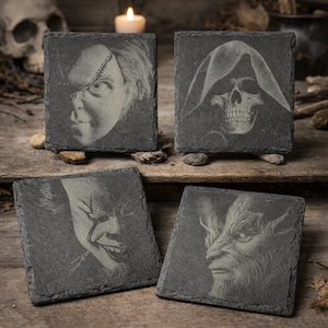 Halloween Horror Series Batch 1 – Laser Engraved Slate Coasters - 9 Different Faces
