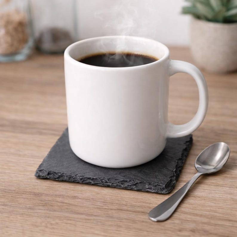 May include: A white ceramic mug filled with dark coffee, emitting steam, sits on a square black slate coaster. A stainless steel spoon rests beside the mug on a wooden surface. A small plant is in the background.