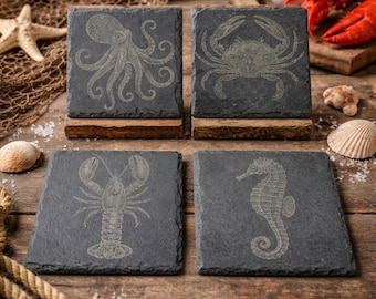 Engraved Slate Sea Creature Coasters: Nautical Ocean Theme Gift Set