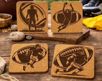Football Cork Coaster Set – Laser Engraved Sports Coasters for Players & Fans – 4-Pack