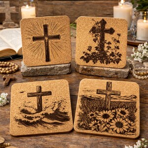 Cross Cork Coaster Set – Mix and Match Christian Faith Designs, Religious Home & Gift Ideas
