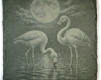 Moonlit Flamingo Slate Coaster Set, Tropical Bird Drink Coasters
