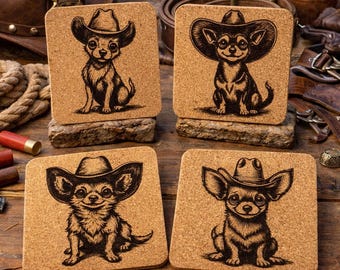 Cowboy Chihuahua Cork Coaster Set: Rustic Western Dog Drink Coasters