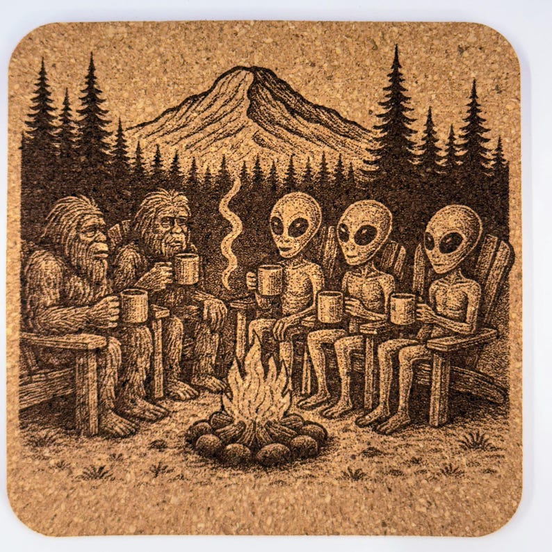Bigfoot and Alien Cork Coasters: Funny Sasquatch UFO Designs, 4-Pack image 5