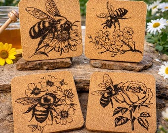 HoneyBee Coasters – Set of 4 Laser Engraved Nature-Inspired Bee Design