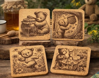Playful Teddy Bear Laser Engraved Cork Coasters - 8 pictures to choose from