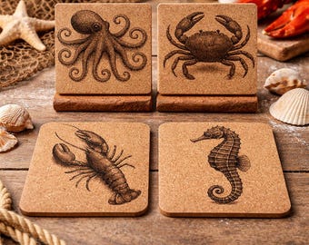 Sea Creature Cork Coasters: Nautical Beach House Decor Gift Set
