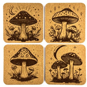 May include: Set of four square cork coasters featuring detailed illustrations of mushrooms. Each coaster has a different mushroom design with celestial elements like moons and stars, all in shades of brown and tan.