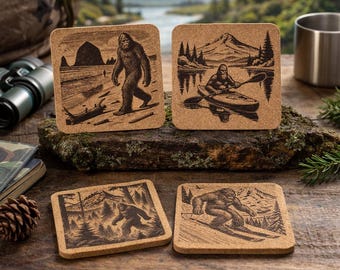 Explore the Pacific Northwest Outdoors with Bigfoot - Set of 4 Cork Coasters