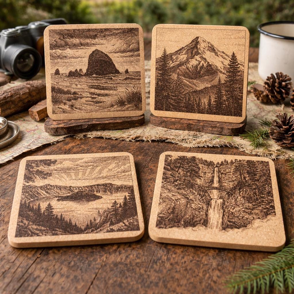 OLD MOUNTAIN RAKUSA とOLDTHEATERコースターのセット Oregon Pacific Northwest Cork Coaster Set – Mt Hood, Crater Lake