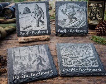 Bigfoot in the Pacific Northwest Laser Engraved Slate Coasters - Set of 4