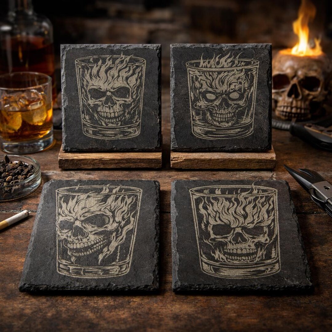 Flaming Skull Whiskey Glass Slate Coasters – Gothic Barware - 4 Designs ...