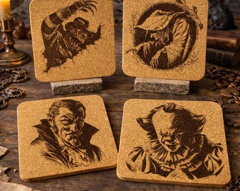 Horror Movie Cork Coasters - Engraved Classic Monsters, Halloween Decor