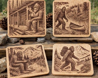 Explore the Enchanting Pacific Northwest with a set of 4 Laser Engraved Bigfoot Cork Coasters