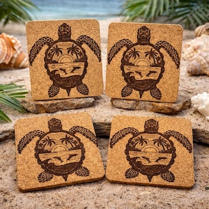 Island Life Sea Turtle Cork Coaster – Set of 4 - Round or Square