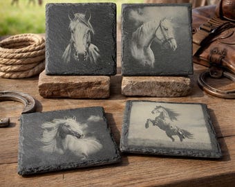 Elegant Horse Slate Coasters – Laser Engraved Stone Drinkware - 4 different designs