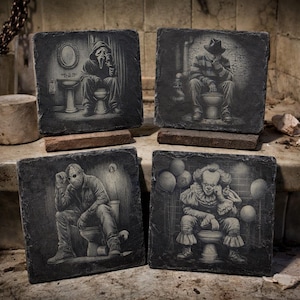 Horror Movie Villain Coaster Set – Funny Slate Drink Coasters with Scary Characters