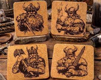 Engraved Viking Coasters: Norse Mythology Cork Drink Coasters, Mix & Match