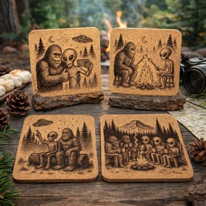 Bigfoot and Alien Cork Coasters: Funny Sasquatch UFO Designs, 4-Pack
