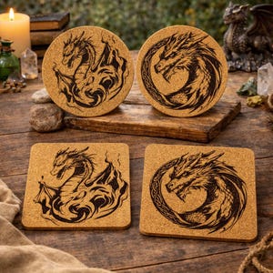Engraved Dragon Cork Fantasy Drink Coasters, Set of 4 or more