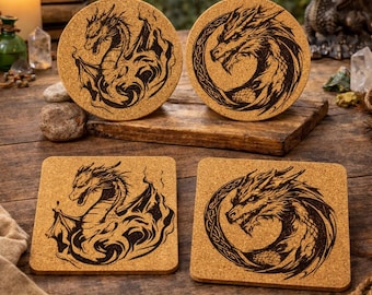Engraved Dragon Cork Fantasy Drink Coasters, Set of 4 or more