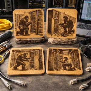 May include: Four square cork coasters with a Bigfoot-themed design. Each coaster features a sepia-toned illustration of Bigfoot working on computer servers. The coasters are displayed on small, gray stone stands, with computer cables and a laptop in the background.
