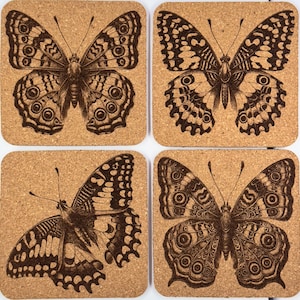 Beautifully Detailed Butterfly Laser Engraved Cork Drink Coasters - 4 Different Designs