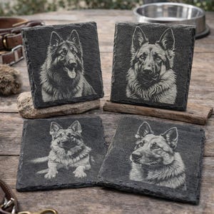 German Shepherd Laser Engraved Slate Coaster Set of 4