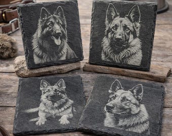 German Shepherd Laser Engraved Slate Coaster Set of 4